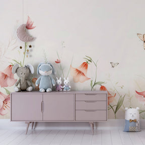 Soft pink garden wallpaper with butterflies transforming kids bedroom by Kids-Mundo