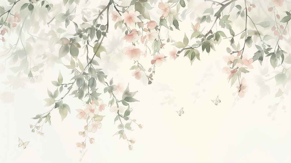Detailed floral butterfly mural wallpaper design pattern with green leaves by Kids-Mundo