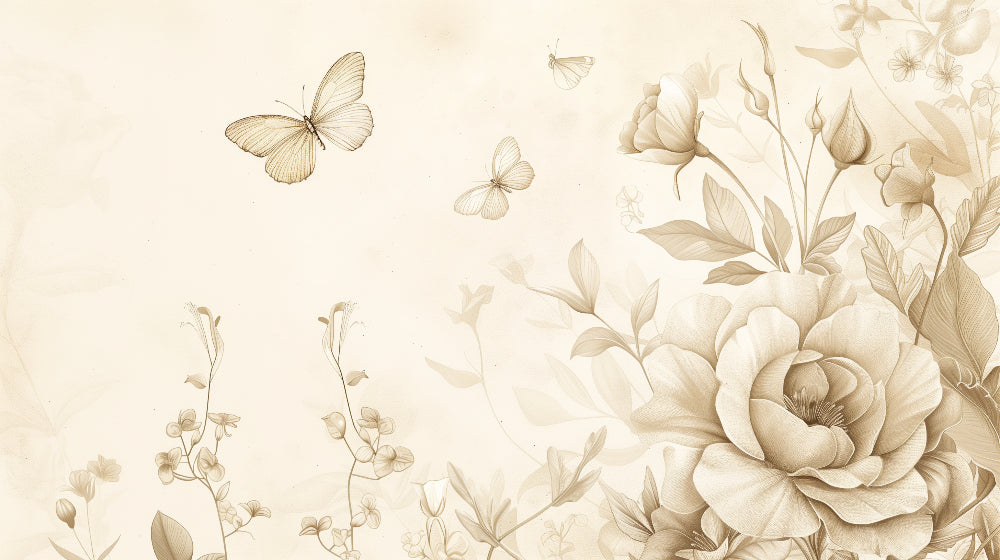 Detailed sepia floral butterfly mural wallpaper design pattern with botanical motifs by Kids-Mundo
