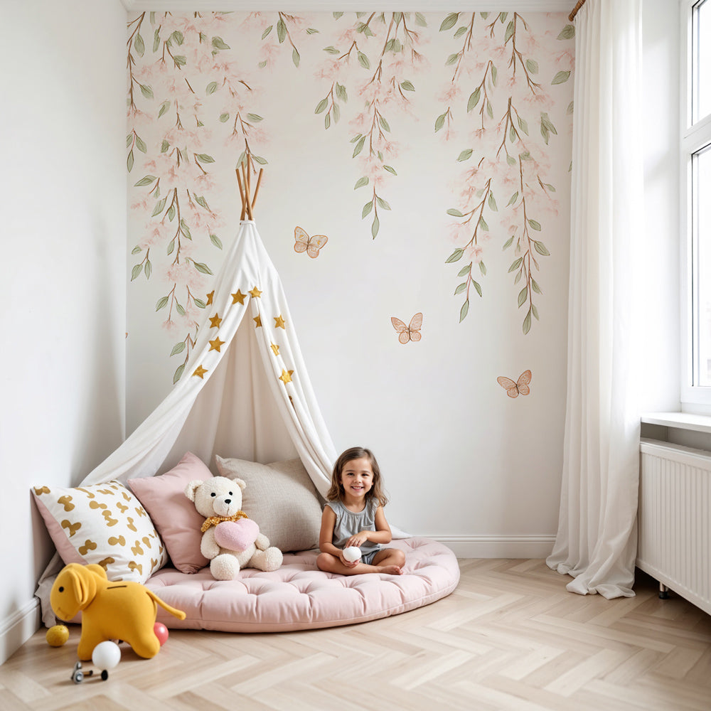 Pink floral butterfly mural wallpaper creating serene nursery decor by Kids-Mundo