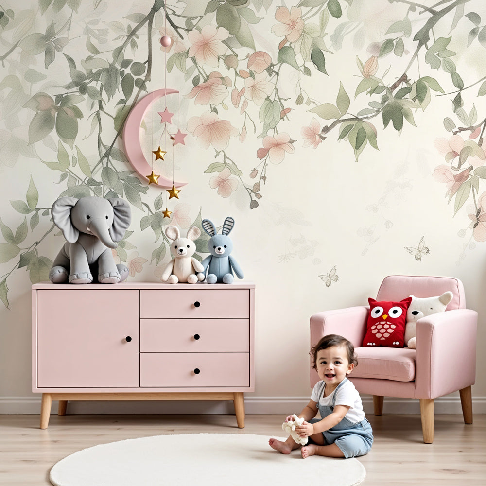 Floral butterfly mural wallpaper with green leaves in modern baby nursery by Kids-Mundo