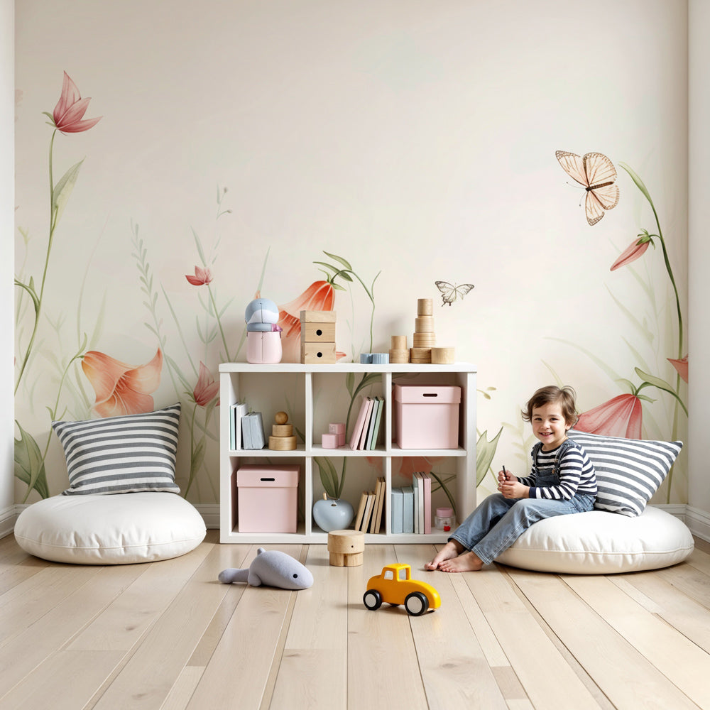 Pink floral butterfly mural wallpaper creating enchanted nursery decor by Kids-Mundo