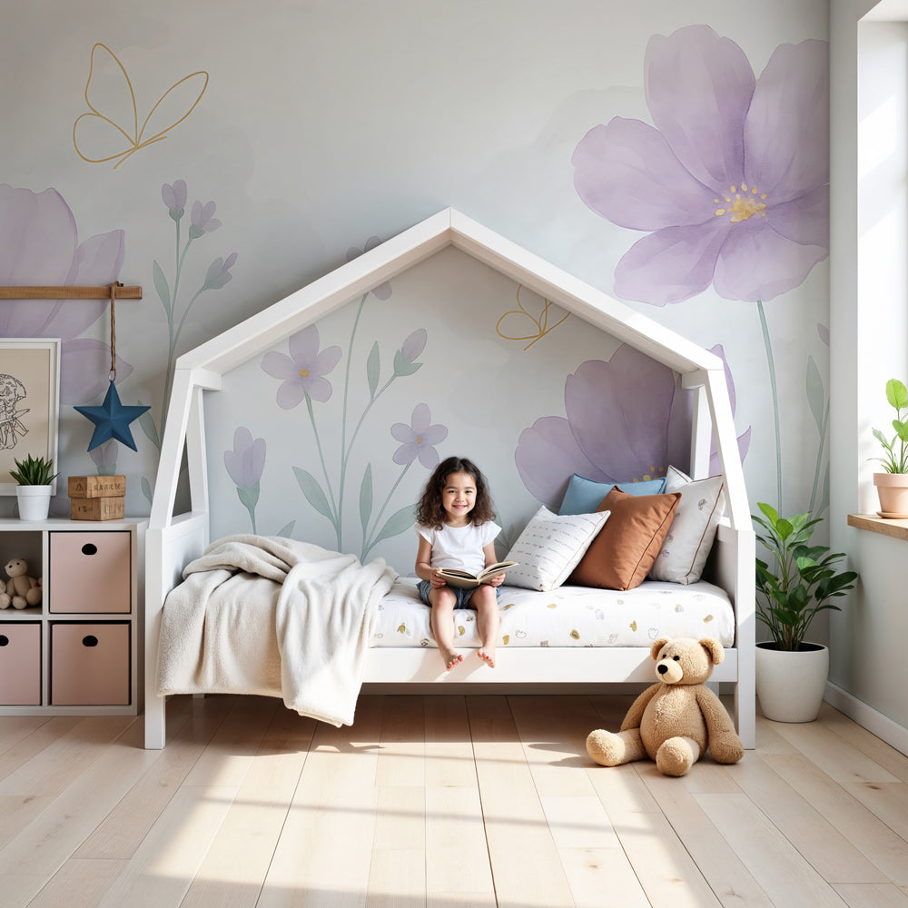 Floral butterfly mural wallpaper with pastel flowers in elegant nursery setting by Kids-Mundo
