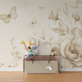 Sepia garden mural wallpaper featuring delicate butterflies in cozy toddler bedroom setting