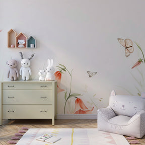 Delicate floral mural wallpaper with dancing butterflies in modern playroom setting