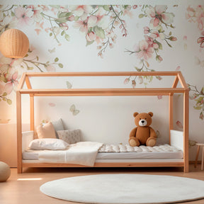 Multicolored watercolor nursery wallpaper with botanical butterfly design for kids room