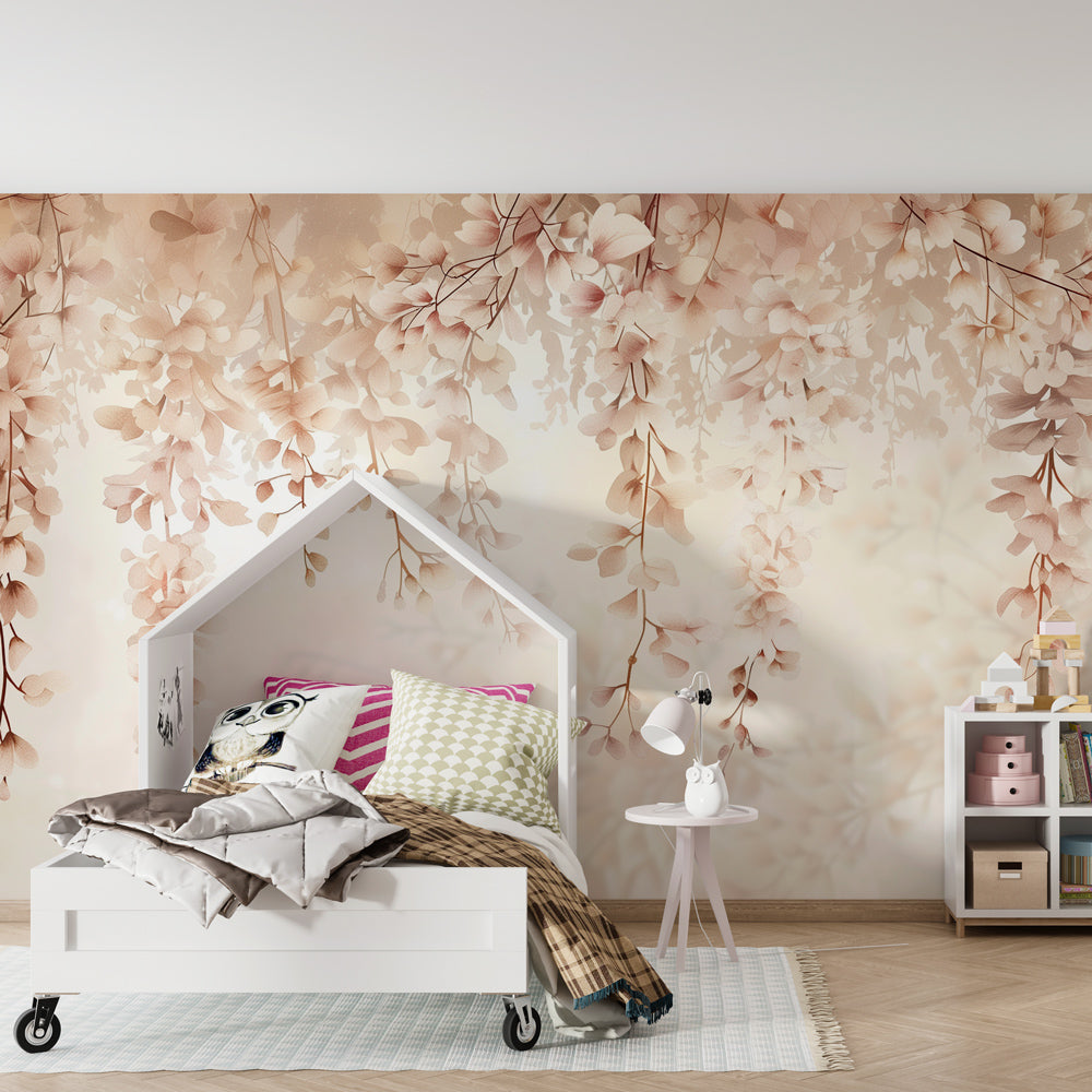 Beige and pink floral mural wallpaper transforming modern baby bedroom by Kids-Mundo
