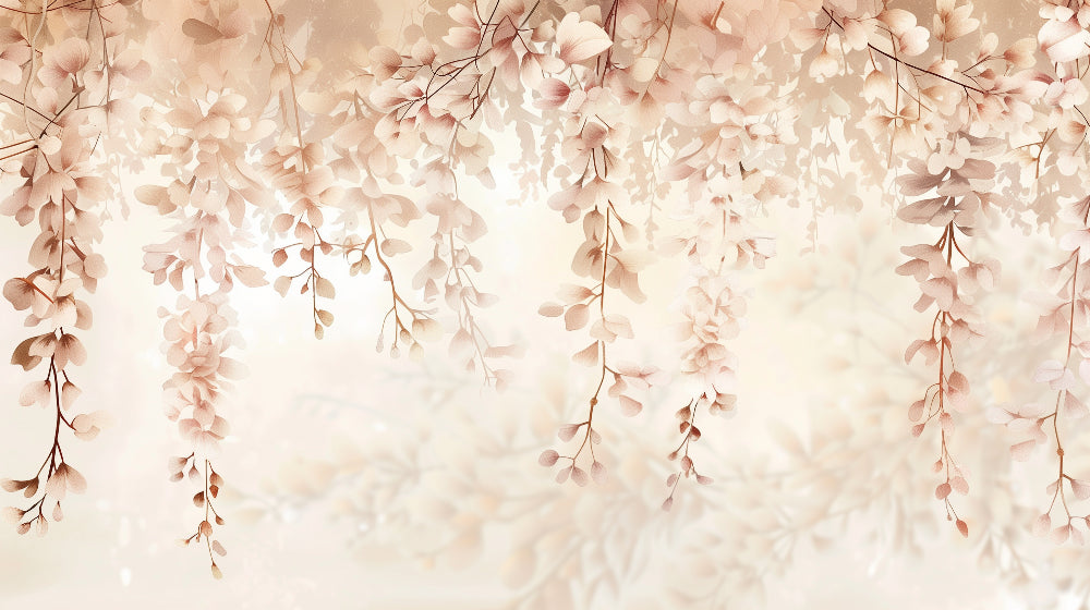 Detailed floral cascade mural wallpaper design pattern in soft beige and pink tones by Kids-Mundo