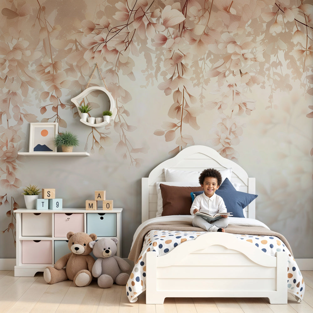 Soft pastel floral cascade mural wallpaper creating serene baby nursery decor by Kids-Mundo