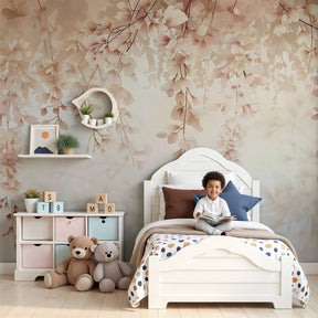 Soft pastel floral cascade mural wallpaper creating serene baby nursery decor by Kids-Mundo