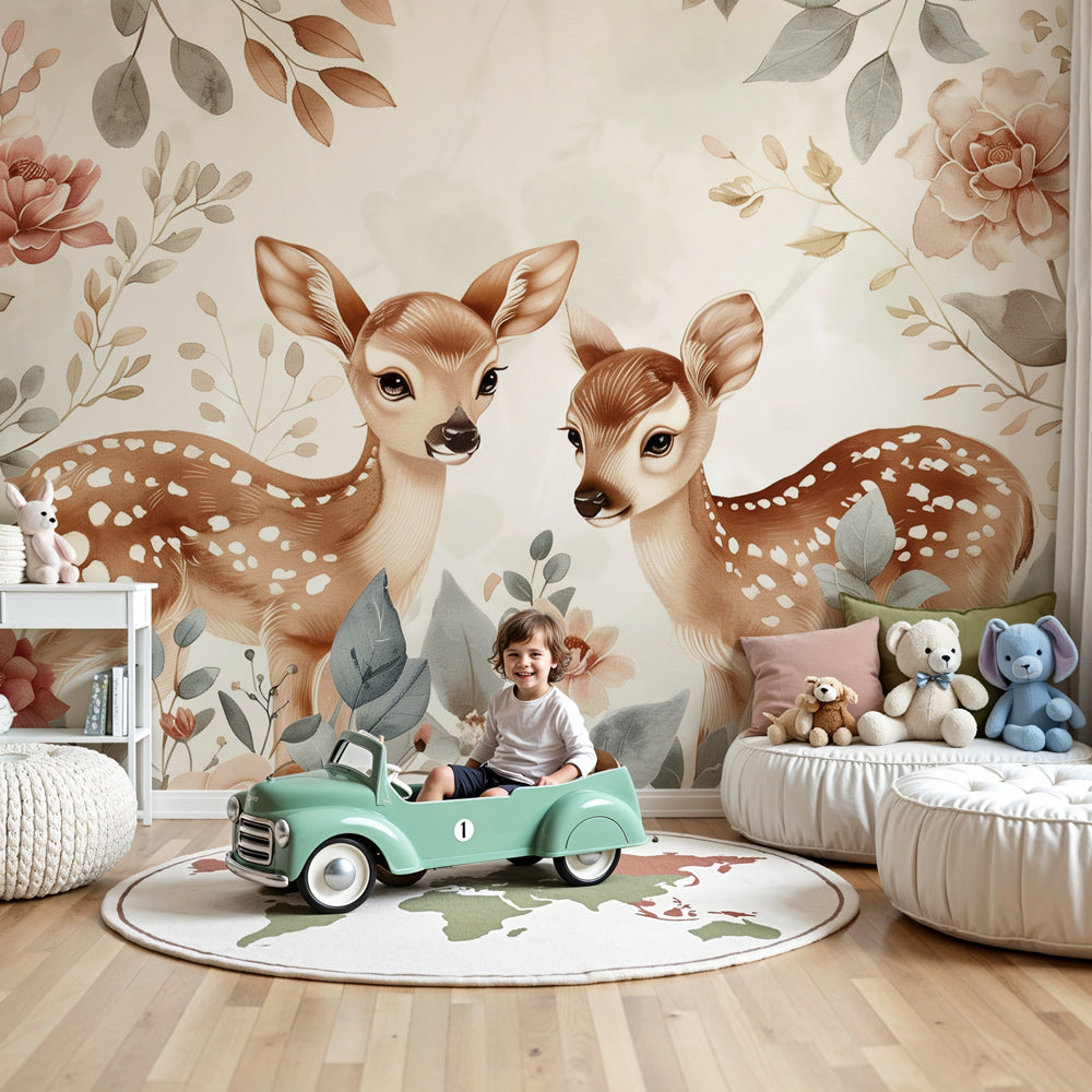 Floral deer mural wallpaper creating serene baby nursery with dreamy fawn design by Kids-Mundo