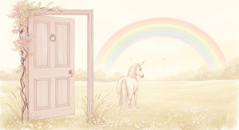 Kids-Mundo flat artwork preview of the floral door unicorn rainbow wall mural design.