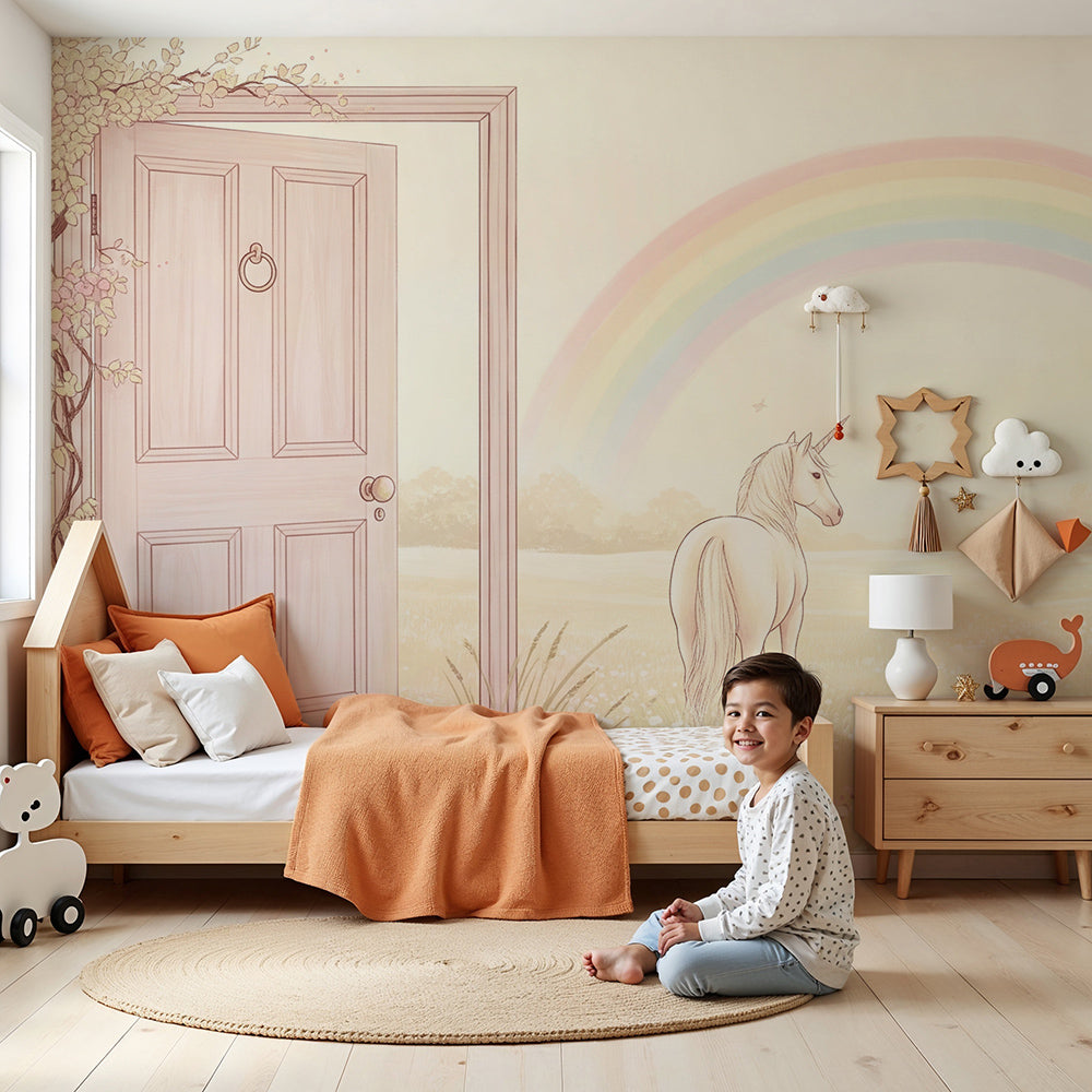 Kids-Mundo floral door unicorn wall mural with a rainbow, styled in a soft baby nursery.