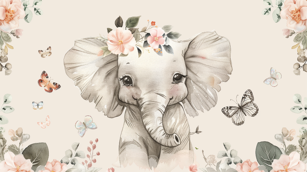 Floral Elephant and Butterflies Wall Mural