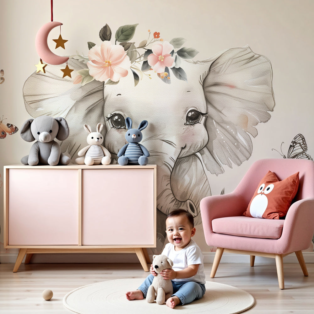 Kids-Mundo floral elephant and butterflies wall mural in a soft cream nursery
