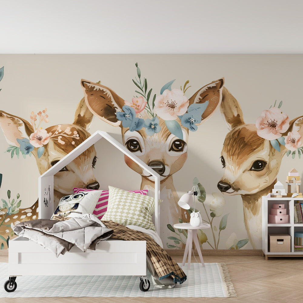 Pastel fawn wallpaper in modern baby room showing gentle woodland creatures and floral motifs