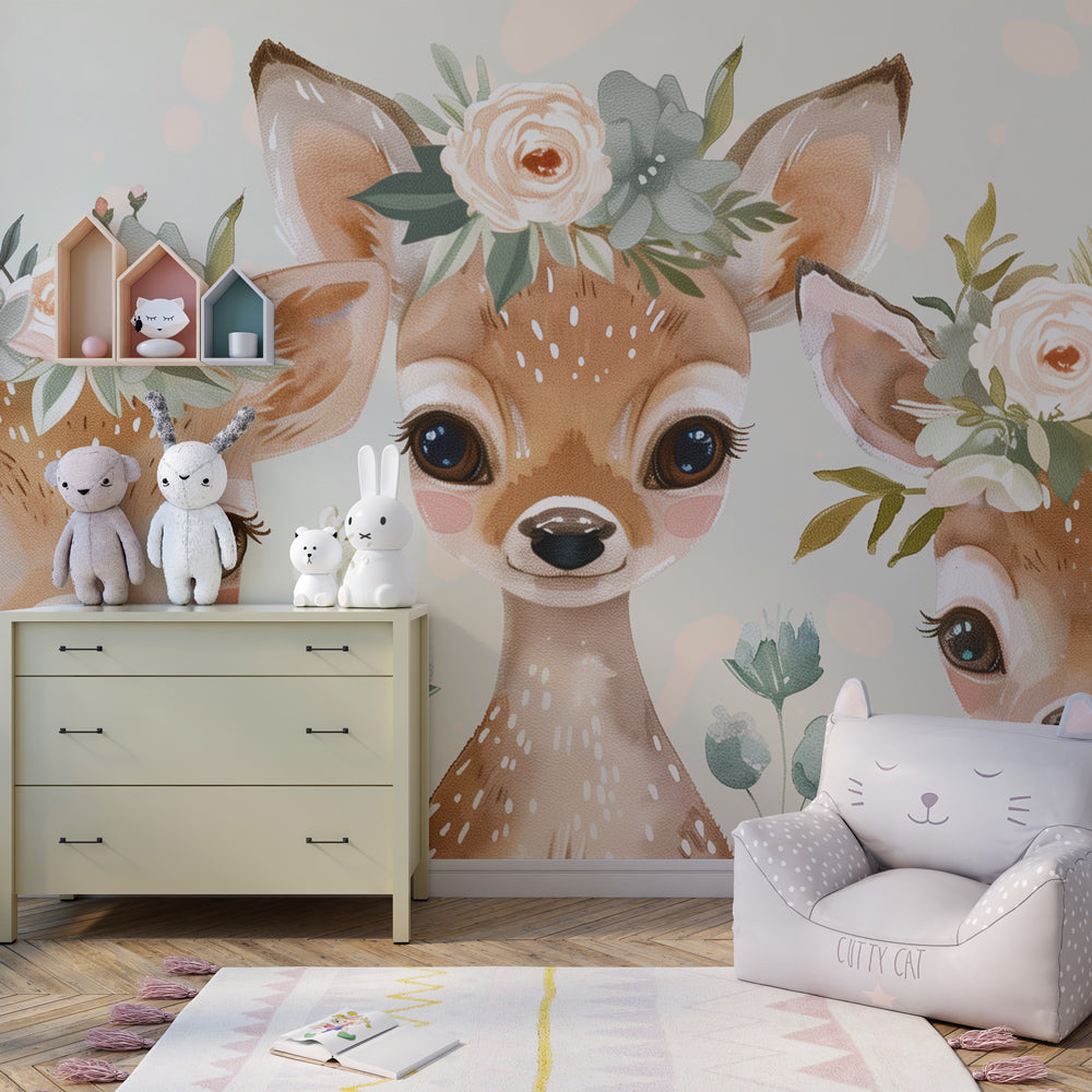 Woodland fawn mural wallpaper with natural wood furniture in bohemian nursery setting