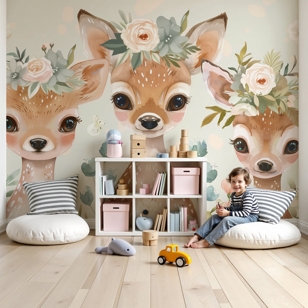 Floral fawn mural wallpaper creating enchanting nursery decor with pastel woodland theme by Kids-Mundo