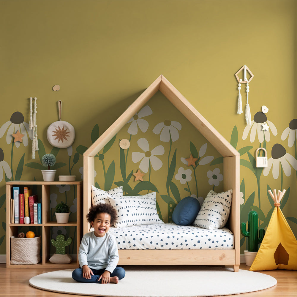 Floral field mural wallpaper creating serene botanical nursery decor with yellow background by Kids-Mundo
