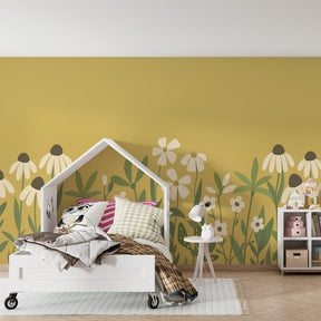 Delicate flower wallpaper transforming children's playroom into peaceful garden sanctuary by Kids-Mundo