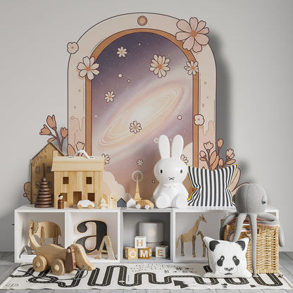 Kids-Mundo floral space portal mural as a soft feature wall in a kids bedroom