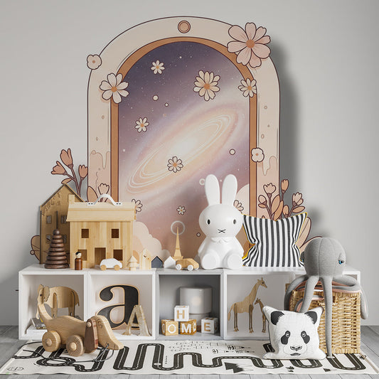 Kids-Mundo floral space portal mural as a soft feature wall in a kids bedroom
