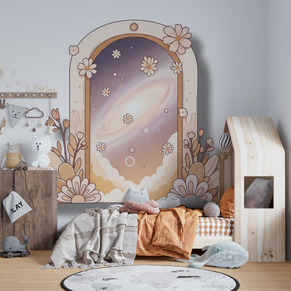 Kids-Mundo floral galaxy portal wall mural bringing colour and stars into a playroom