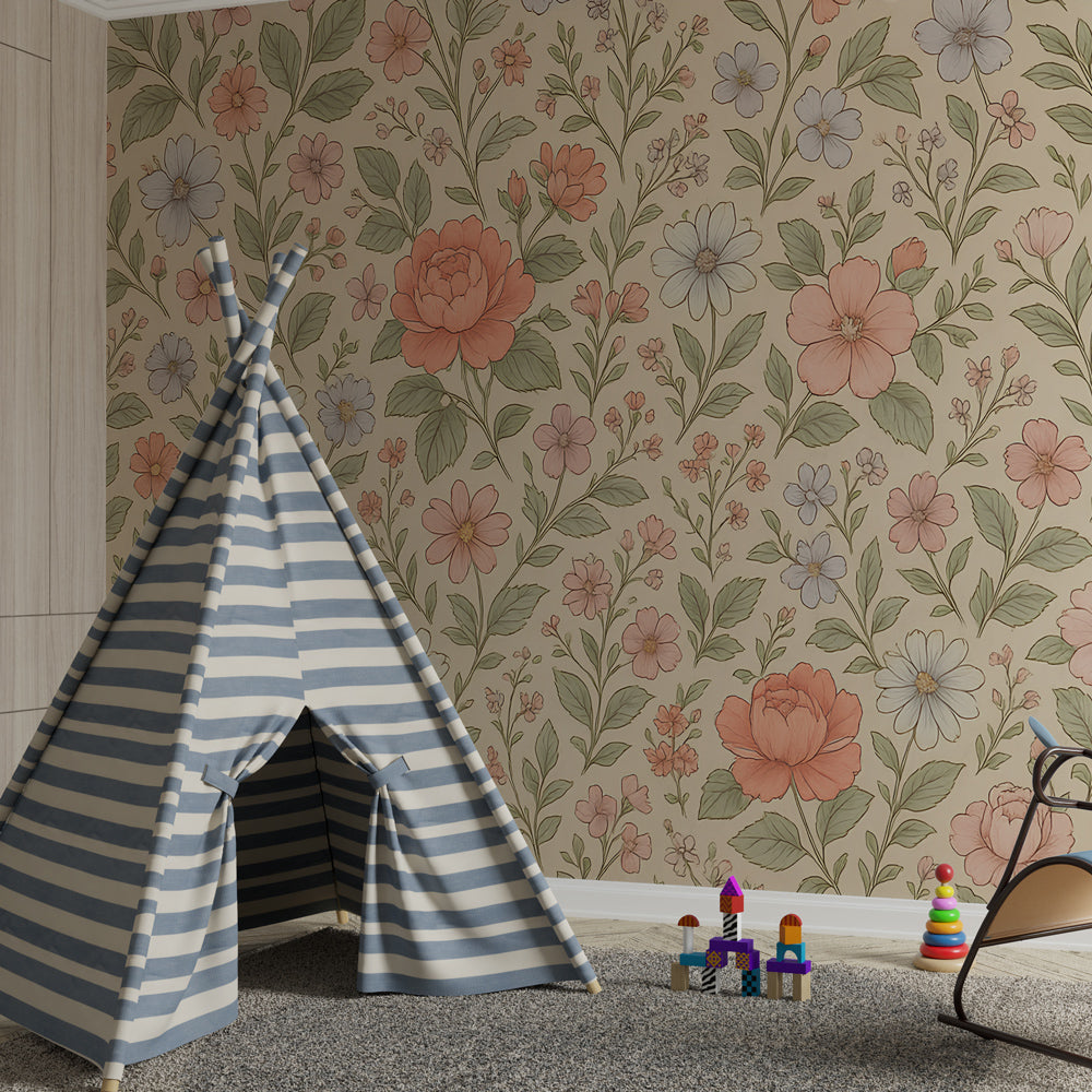 Delicate botanical mural wallpaper creating peaceful kids bedroom atmosphere