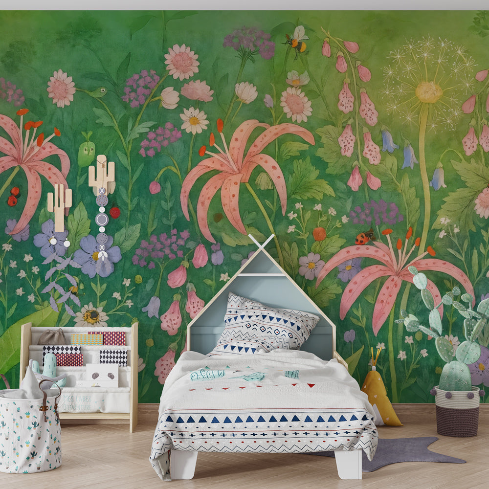 Fairy tale floral mural wallpaper in modern children's bedroom with natural light