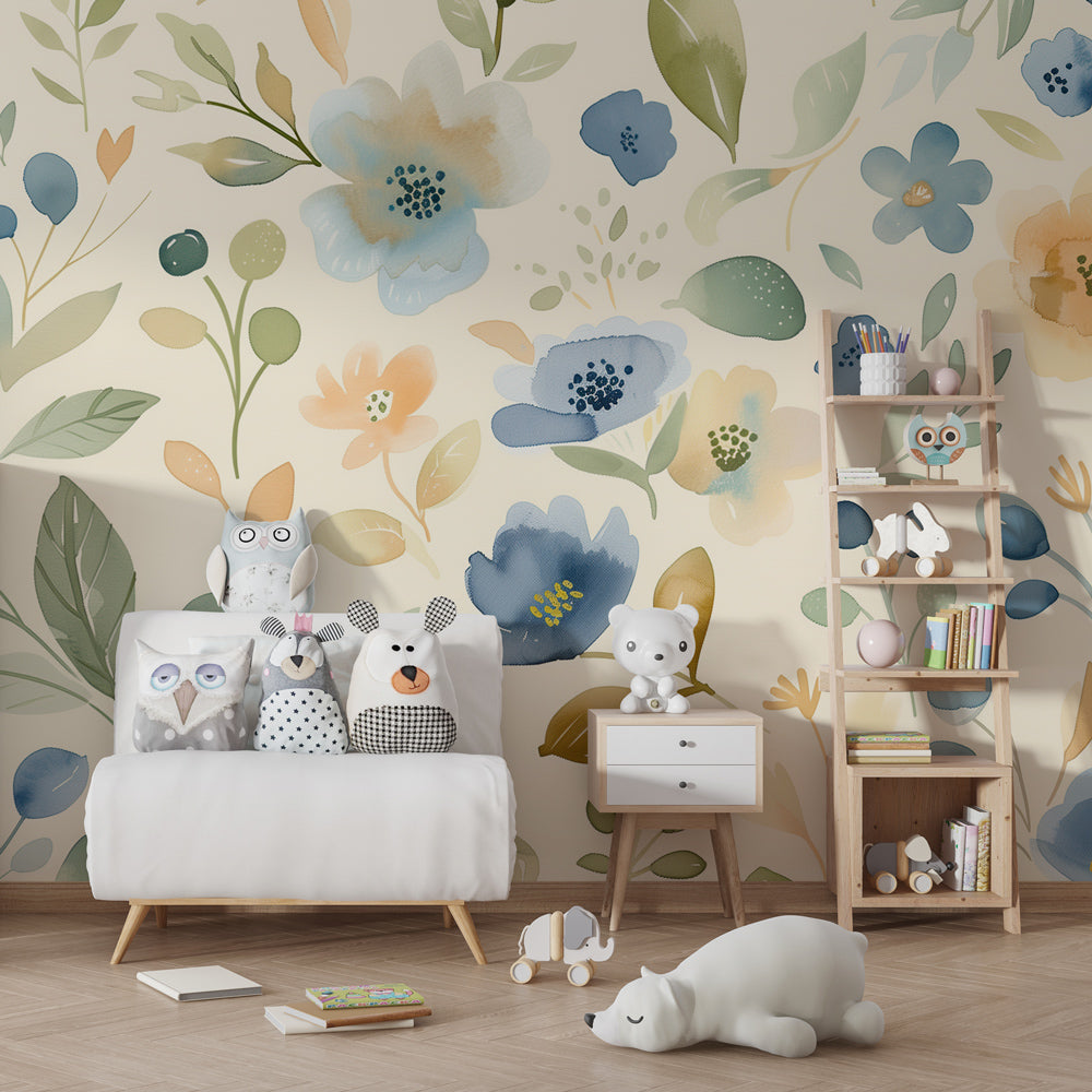Botanical floral mural wallpaper creating peaceful kids bedroom atmosphere with soft blue tones