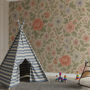 Delicate botanical mural wallpaper creating peaceful kids bedroom atmosphere