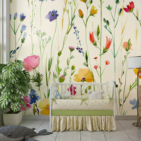 Bright floral mural wallpaper transforming kids bedroom into cheerful garden sanctuary by Kids-Mundo