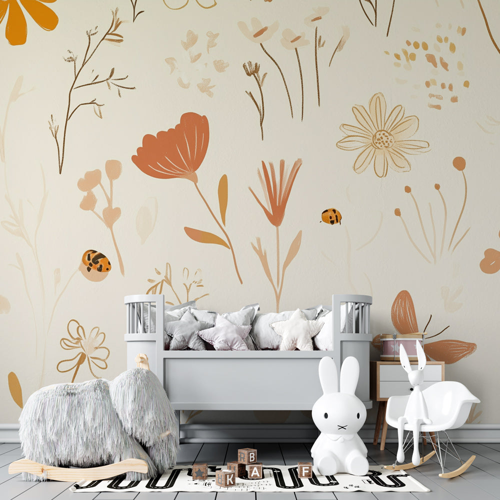 Butterfly garden wallpaper creating peaceful children's bedroom decor with beige tones