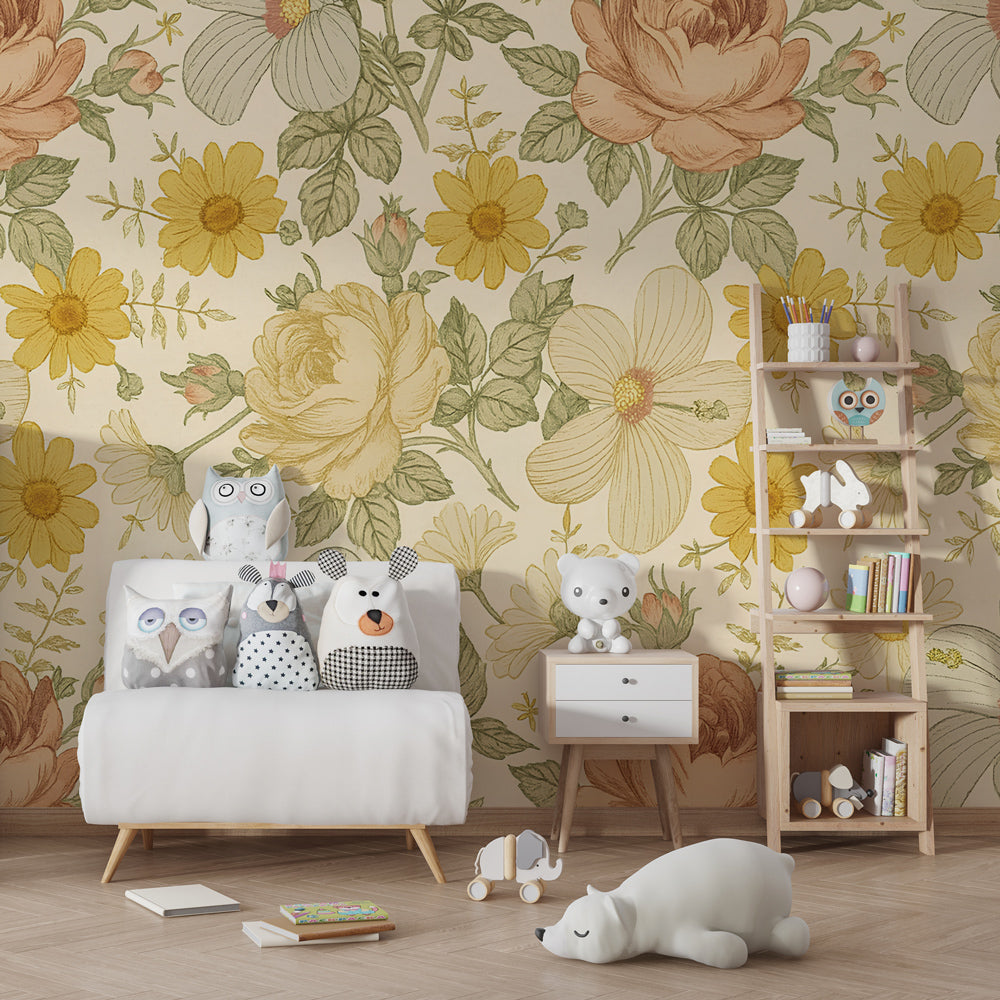 Colorful floral wallpaper creating cozy kids bedroom with botanical garden theme