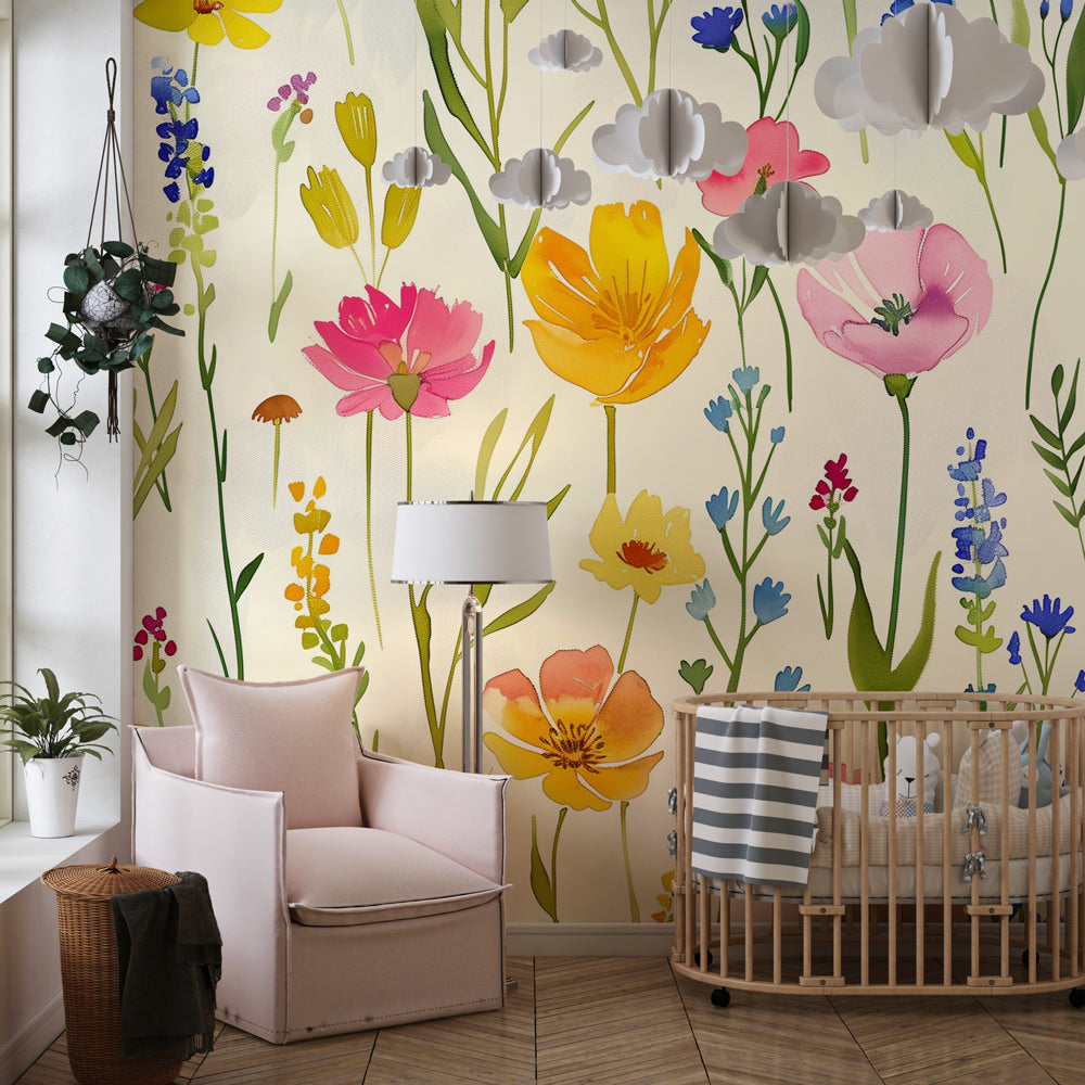 Colorful botanical mural wallpaper creating cheerful children's bedroom decor with spring blooms