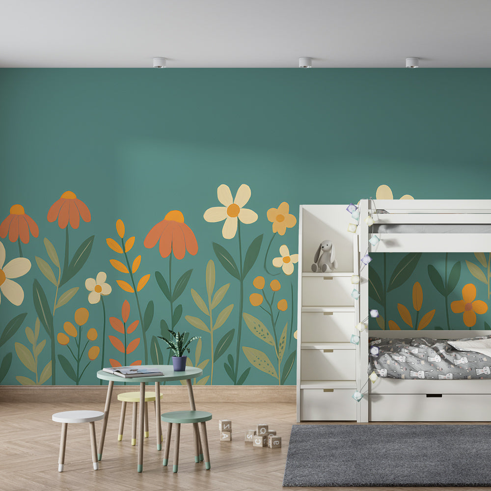 Floral meadow mural wallpaper creating cheerful kids bedroom atmosphere with natural decor