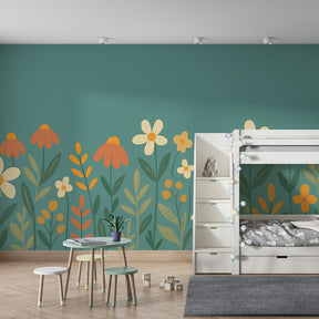 Floral meadow mural wallpaper creating cheerful kids bedroom atmosphere with natural decor