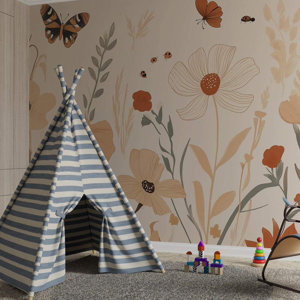 Terra cotta butterfly and poppy mural wallpaper creating serene children's bedroom atmosphere