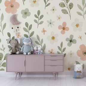Delicate flower mural wallpaper transforming children's bedroom with gentle pink and white botanical design