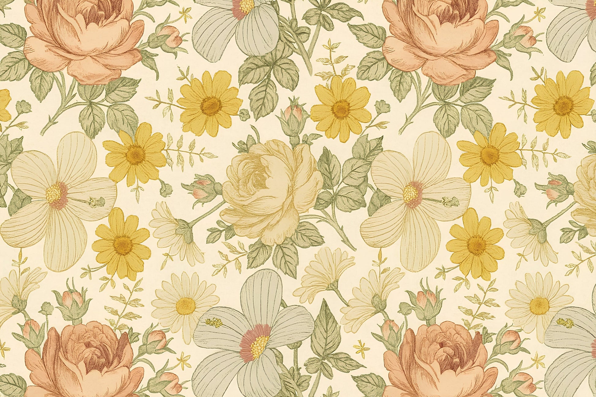 Detailed floral garden mural wallpaper design pattern with roses and daisies by Kids-Mundo