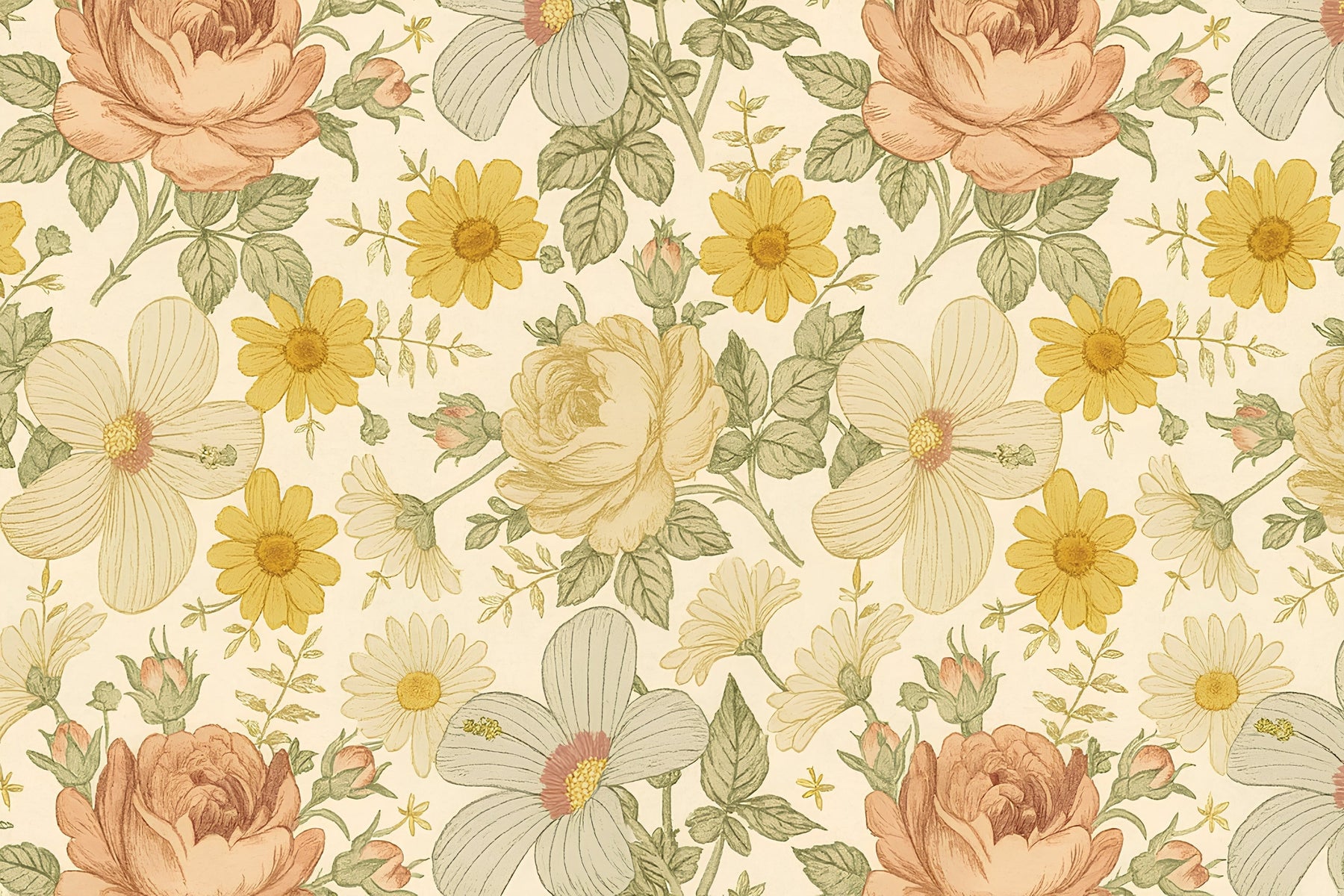 Detailed floral garden mural wallpaper design pattern with roses and daisies by Kids-Mundo