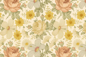 Detailed floral garden mural wallpaper design pattern with roses and daisies by Kids-Mundo