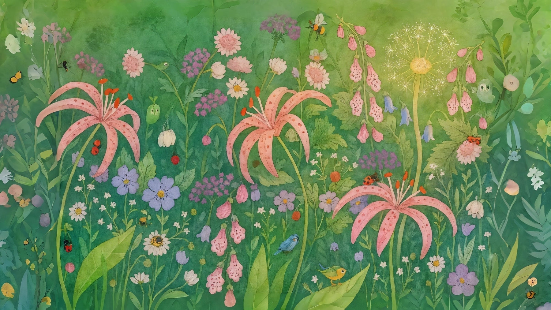 Detailed floral garden mural wallpaper design pattern with butterflies and blooms by Kids-Mundo