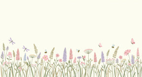 Detailed meadow flowers and insects mural wallpaper design pattern with pastel colors by Kids-Mundo