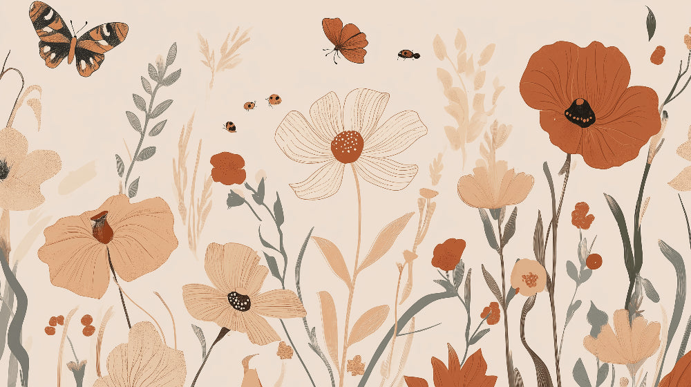 Detailed floral garden mural wallpaper design pattern with butterflies and terra cotta poppies by Kids-Mundo