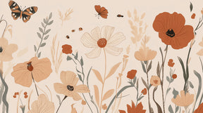 Detailed floral garden mural wallpaper design pattern with butterflies and terra cotta poppies by Kids-Mundo