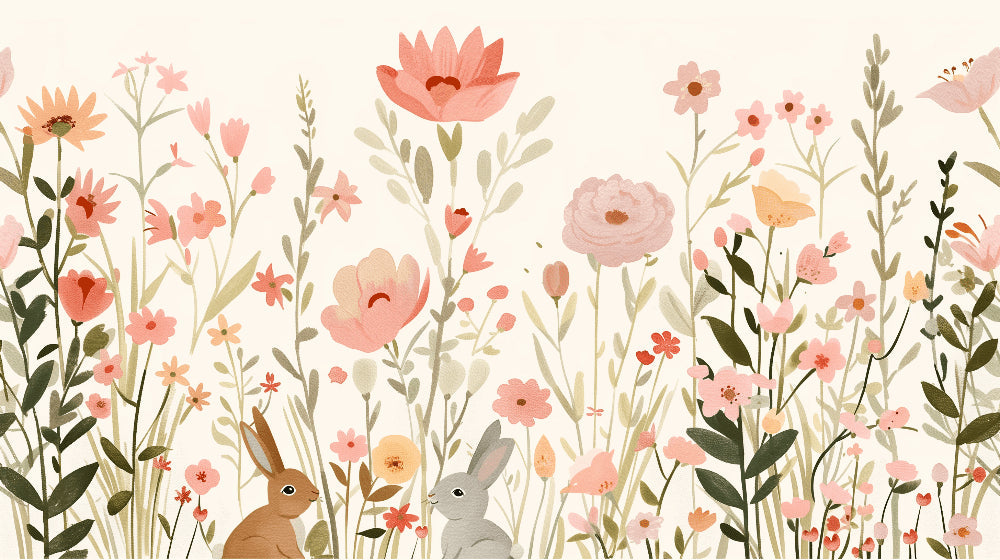 Detailed pastel floral garden mural wallpaper design pattern with rabbits and flowers by Kids-Mundo