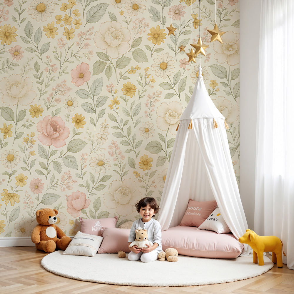 Delicate floral garden mural wallpaper in peaceful nursery with natural wood furniture by Kids-Mundo