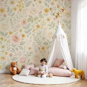 Delicate floral garden mural wallpaper in peaceful nursery with natural wood furniture by Kids-Mundo
