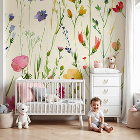 Floral garden mural wallpaper creating vibrant botanical nursery decor with bright blooms by Kids-Mundo